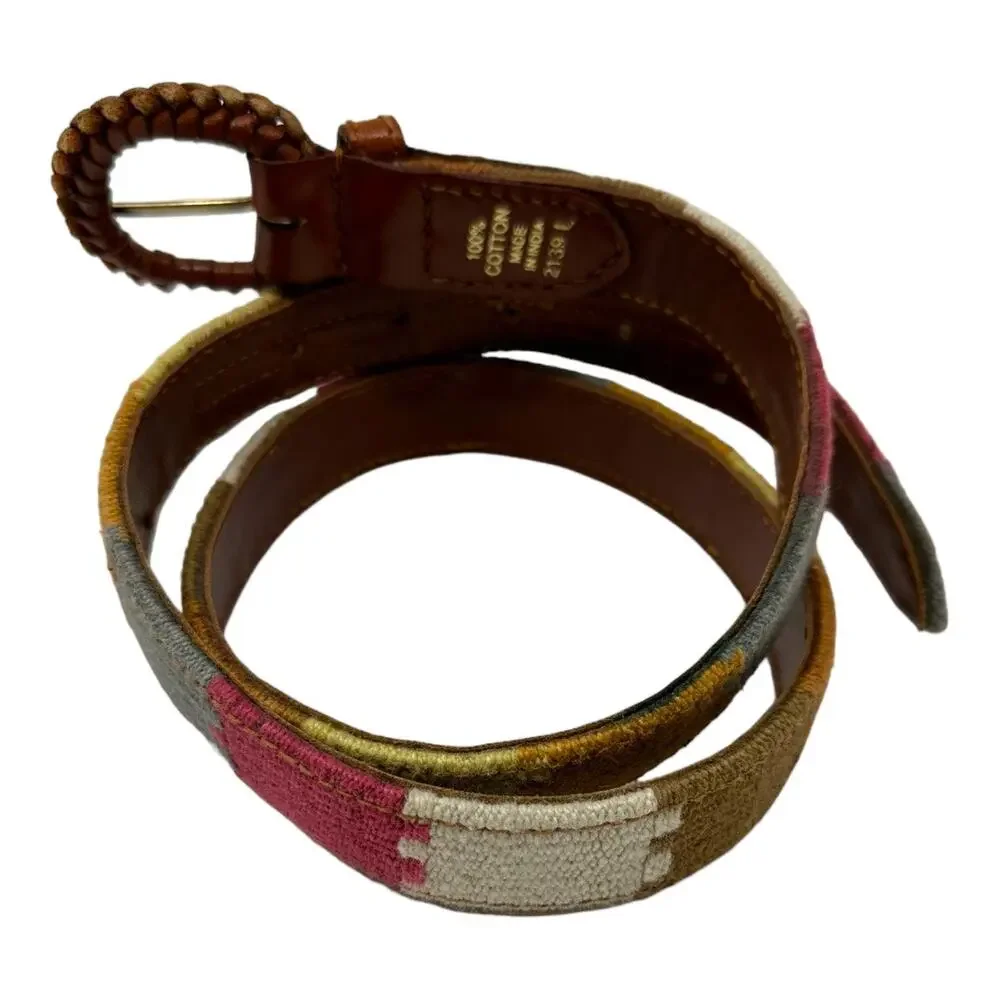 Vintage Cotton Woven Leather Belt Multicolor Southwestern Boho Size 36